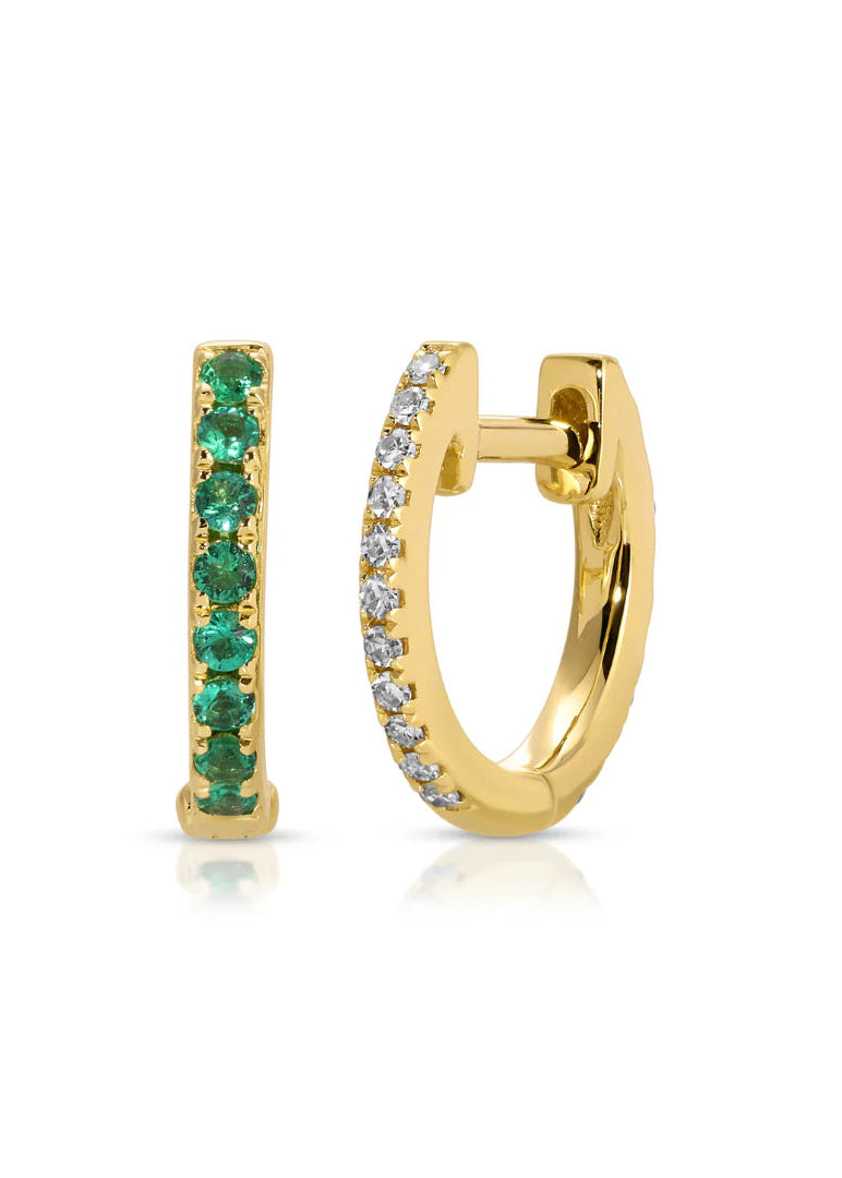 Single Reversible Diamond And Emerald Mini Huggie Earring front and back view