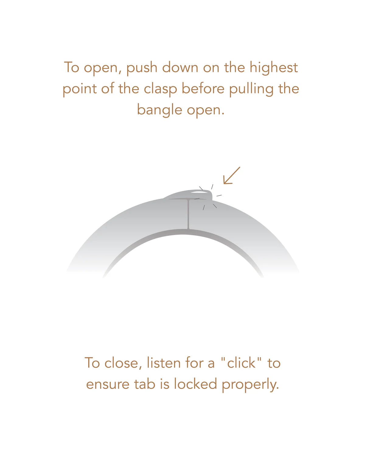 Instructions for opening and closing a bangle clasp on a white background