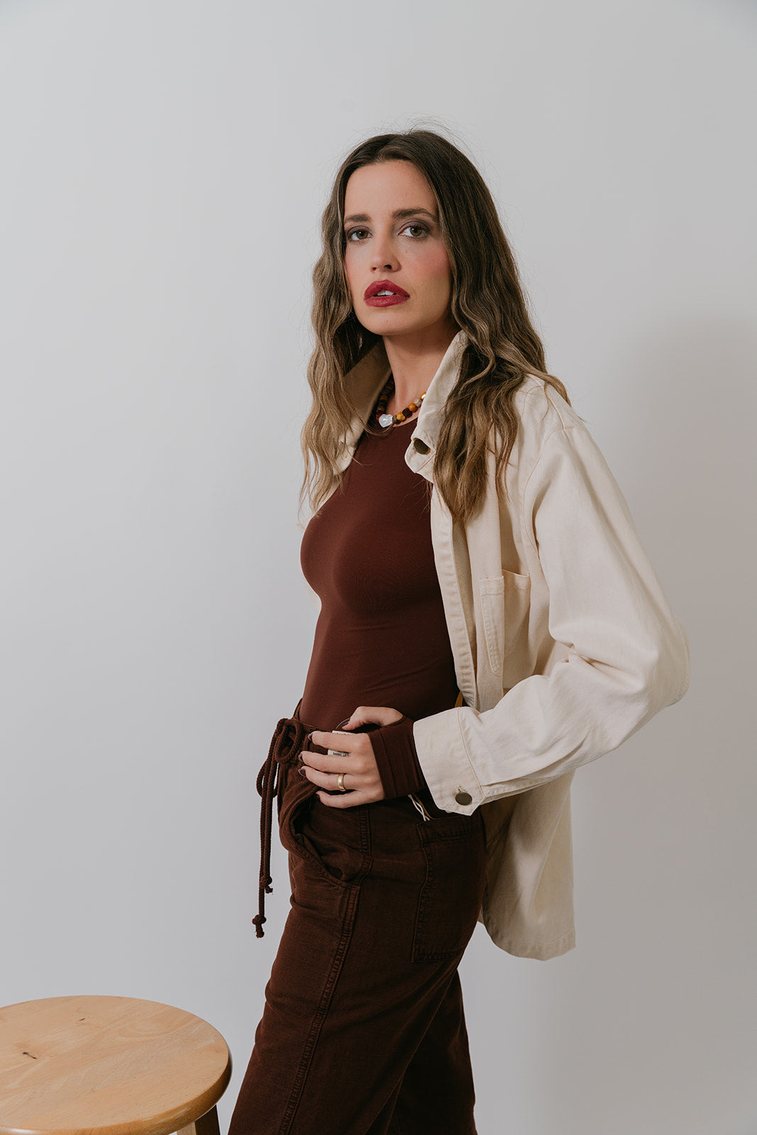Ballet Crewneck Bodysuit side view with Charlie Chore Coat