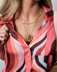 Solange Top super close up with Large Sundra Pendant Necklace Gold