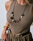Moku Wrap on model with brown dress