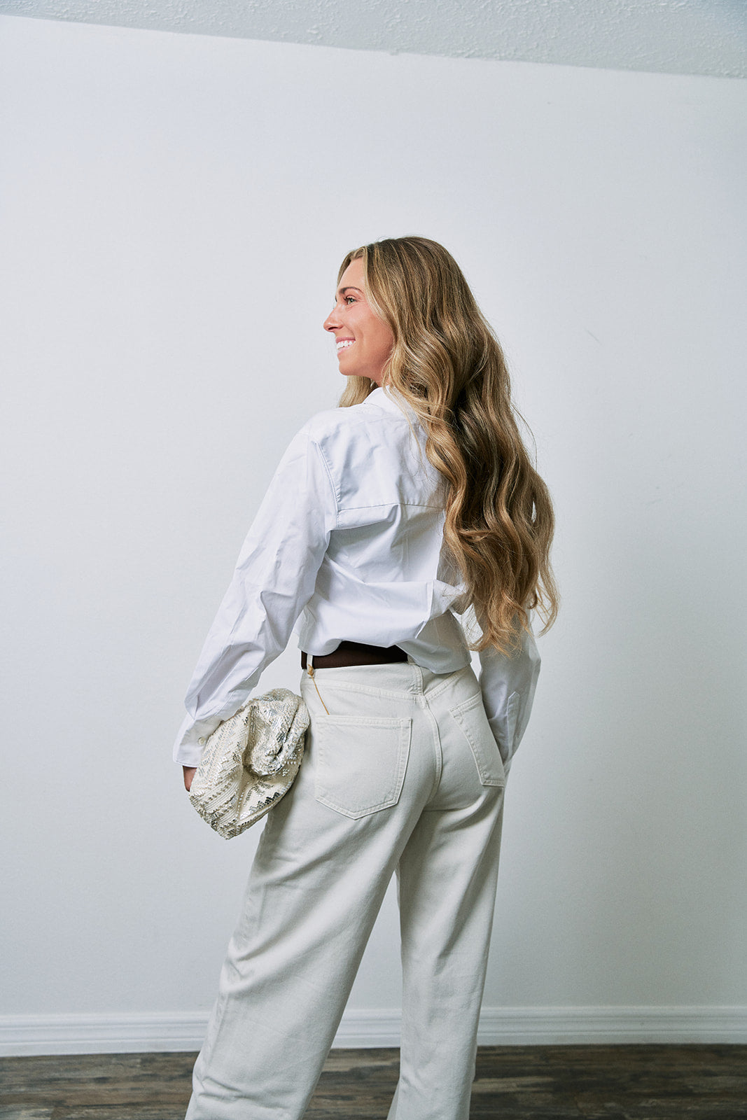 The Cropped Everything Shirt and Low Curve Utility in Bone back view