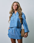 The Cargo Stripe Top front view with matching skirt
