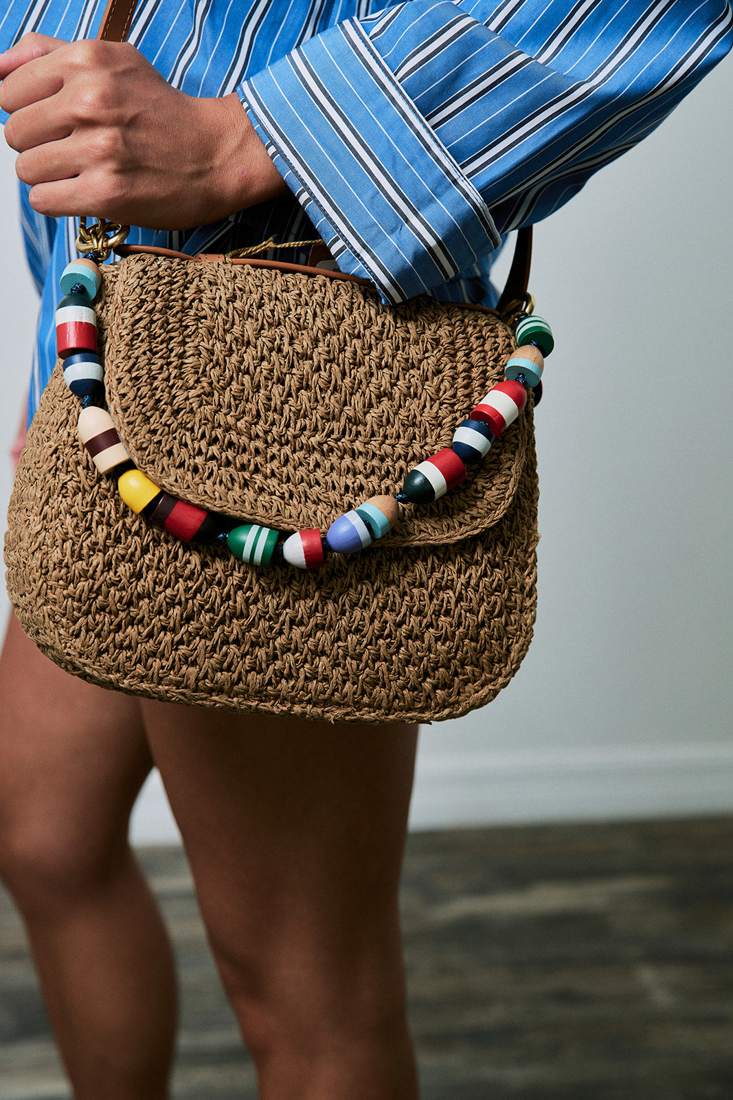 Shortie Strap in Buoy on raffia bag