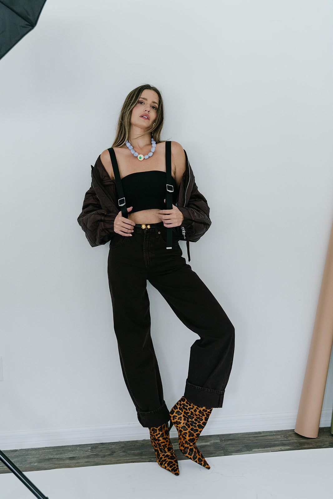Low Curve Jean in Sloe Berry with The Great jacket with straps, full body