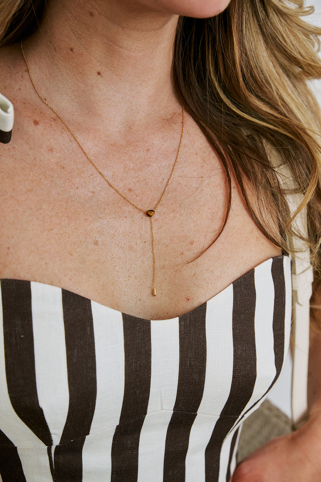 Tiger Eye Stella Necklace with striped top