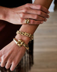 A close-up of a person's hands and wrists wearing multiple gold-toned jewelry pieces, including a snake-shaped ring and chain-link bracelets, against a softly blurred indoor background.
