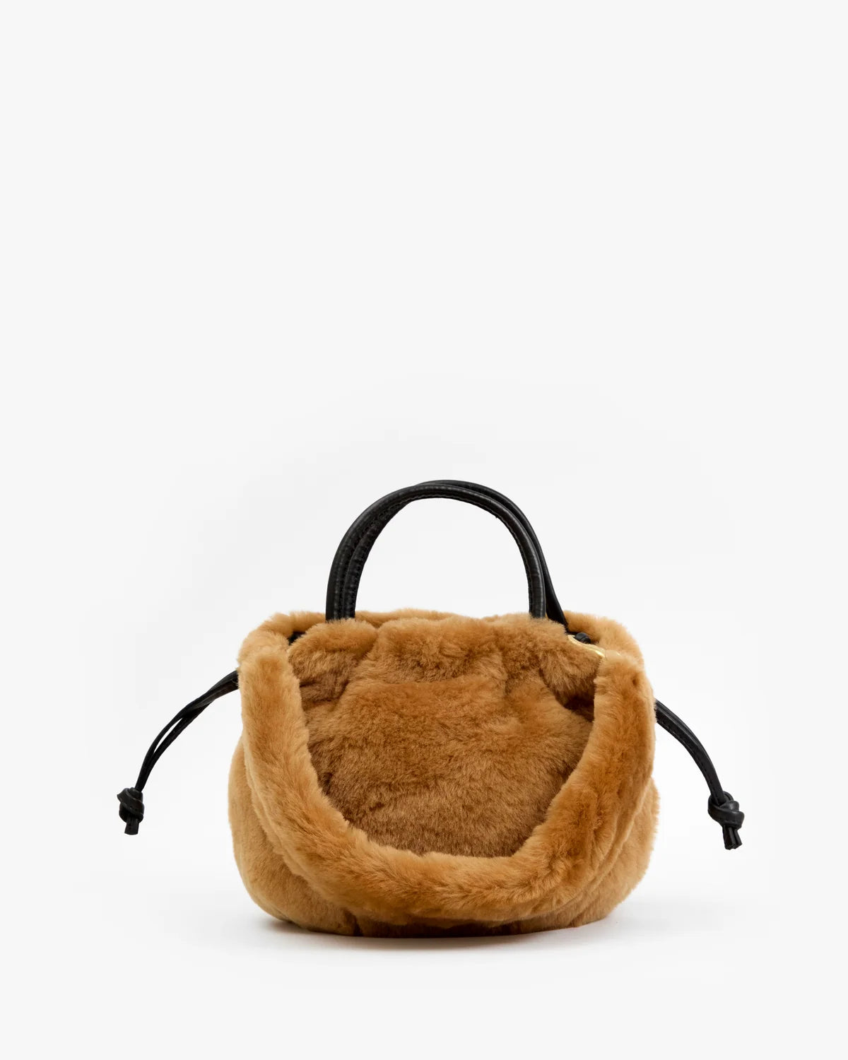 A small brown faux fur drawstring pouch bag with black leather top handles, shown against a plain white background.