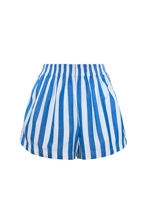 Blue and white striped shorts on a white background