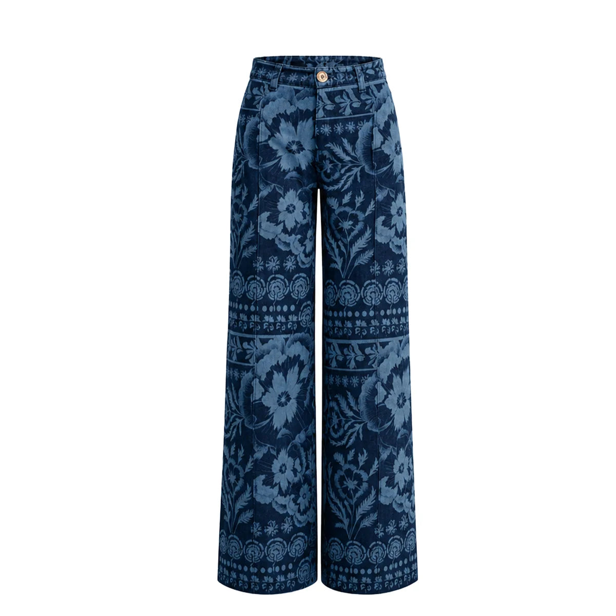 A pair of wide-leg pants in a dark indigo blue fabric featuring a lighter blue floral and geometric pattern, shown against a plain white background.
