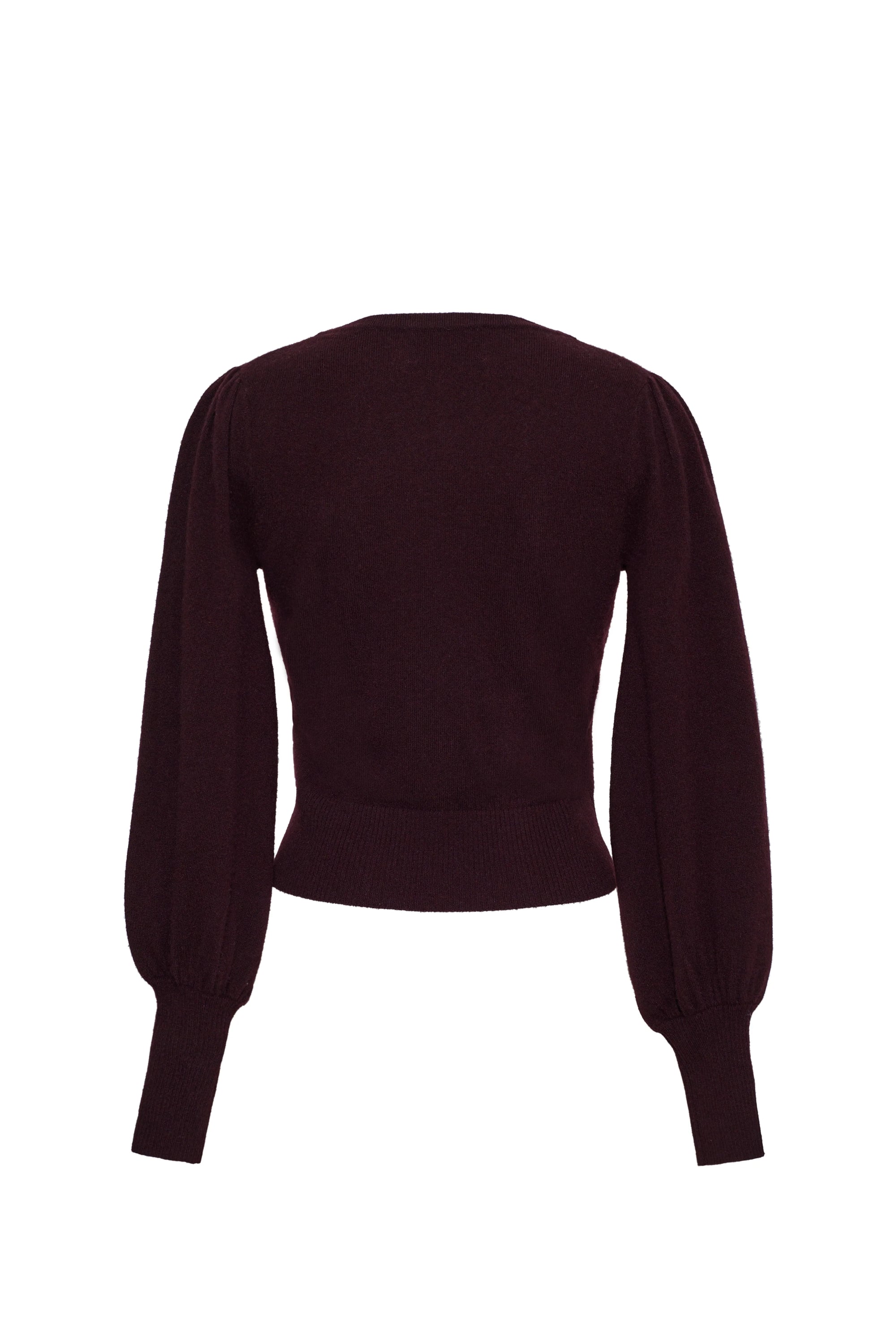 A dark plum purple knit sweater with long balloon sleeves and a cropped hem, shown from the back on a plain white background.