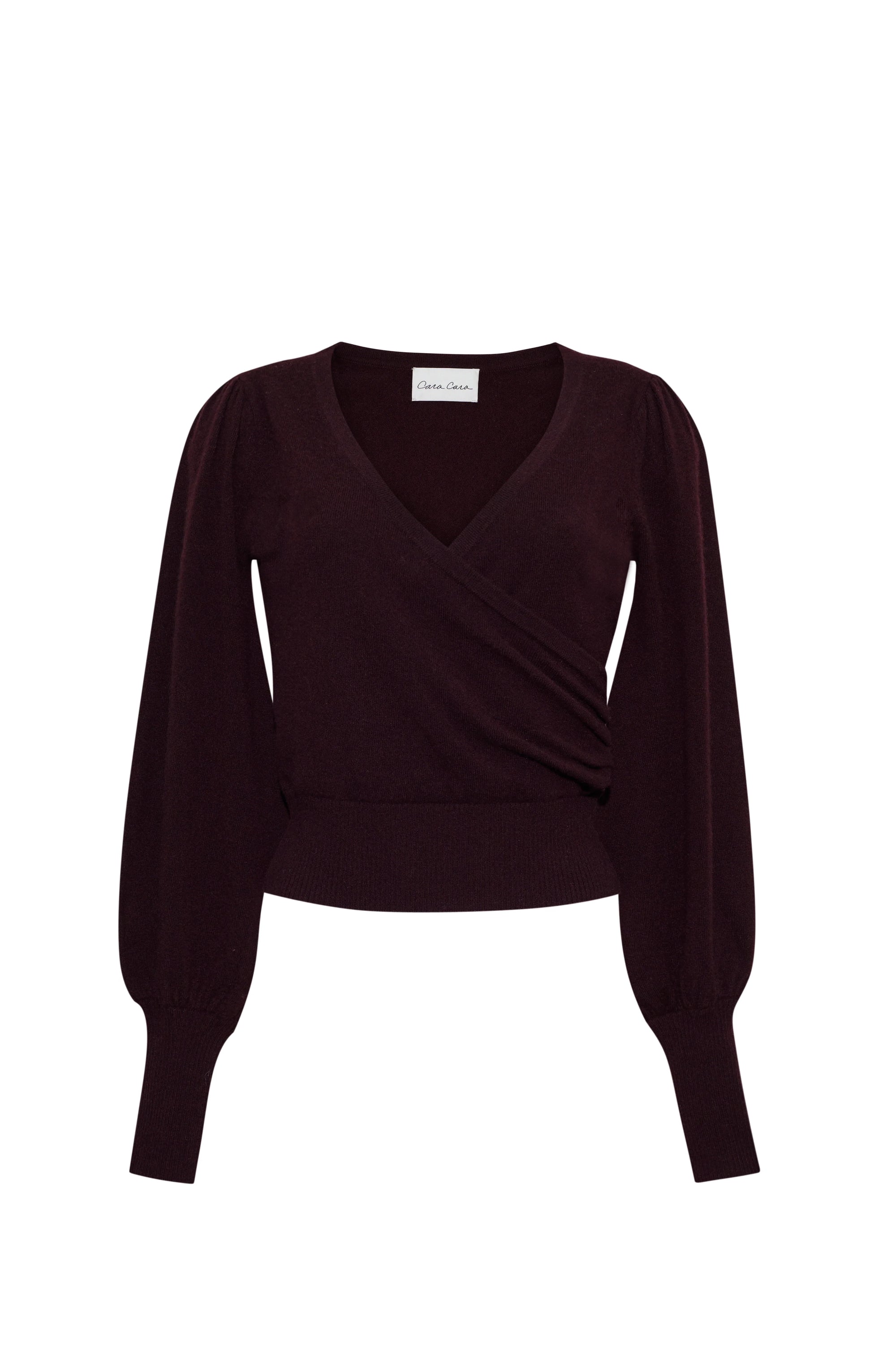 Black wrap-style top on a white background
