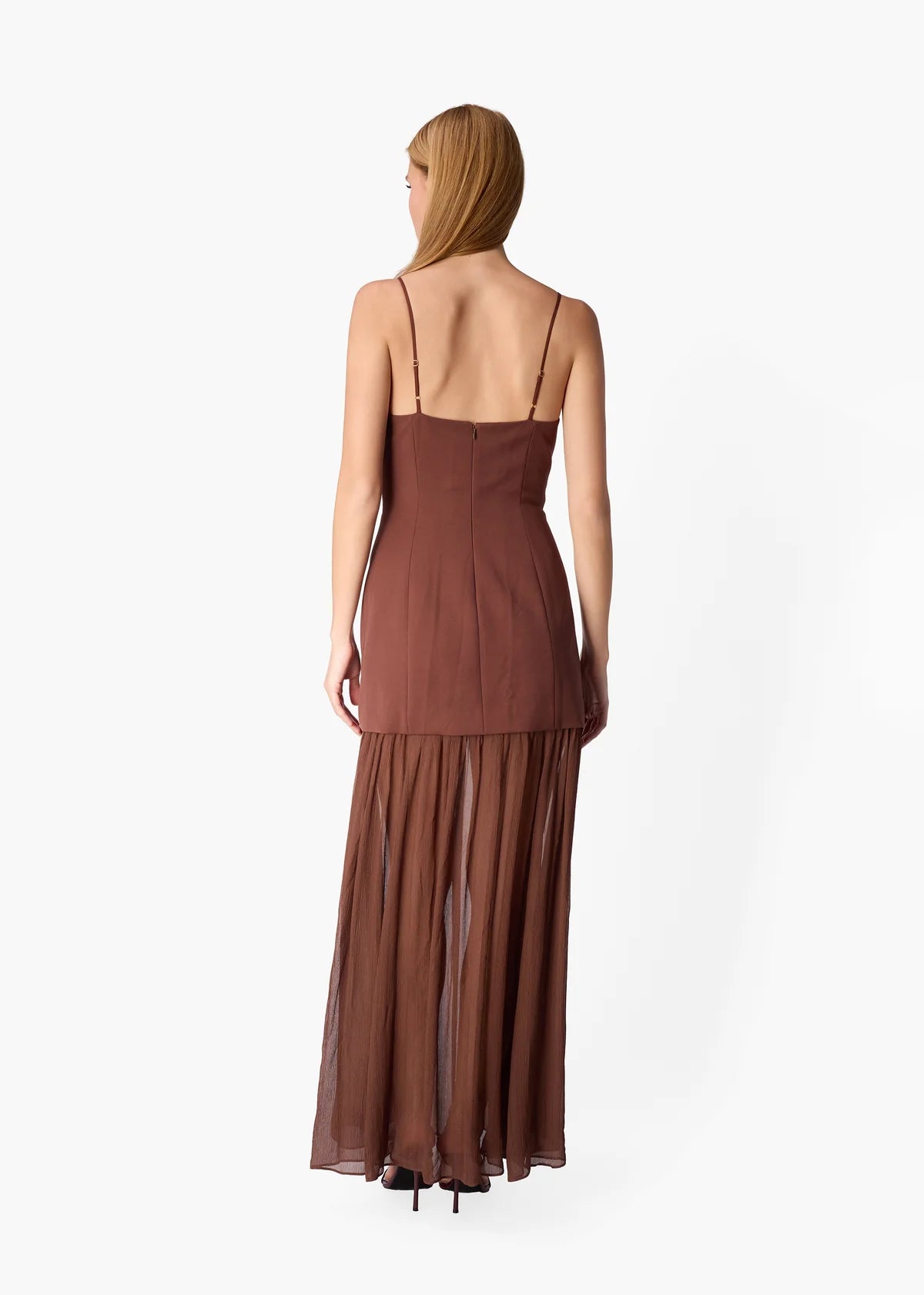 model wearing a brown dress on a white background, back 