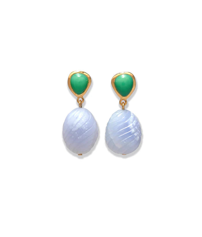 Pair of earrings with green teardrop and blue oval stones on a white background