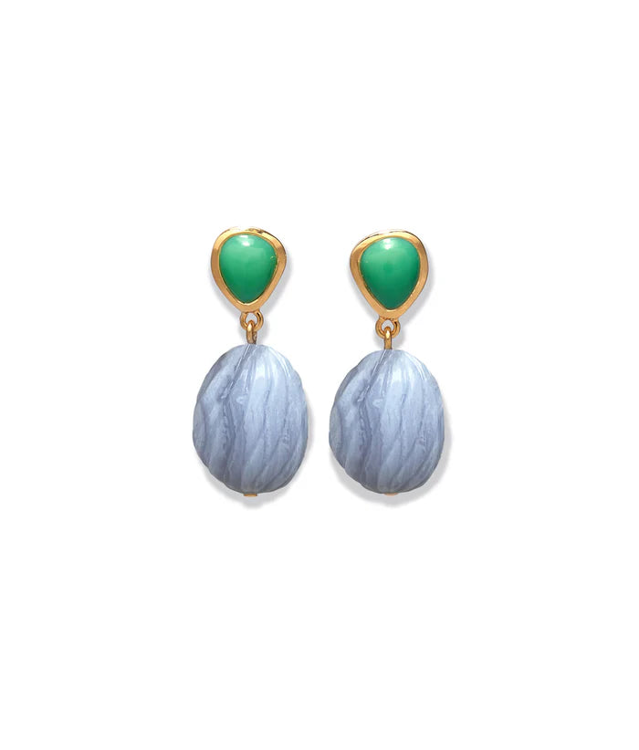 Pair of earrings with green top stones and blue marbled bottoms on a white background