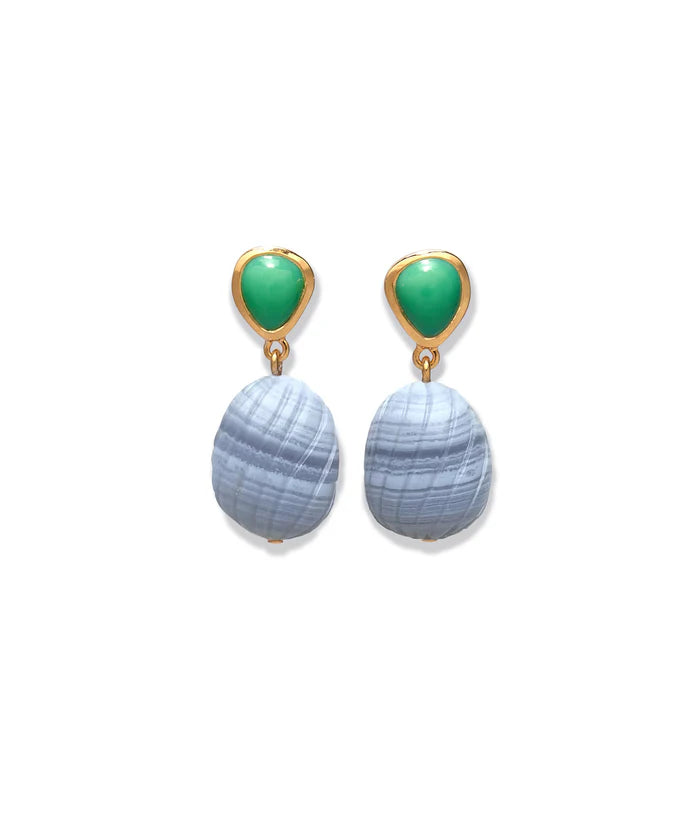 Pair of earrings with green tops and blue bottoms on a white background