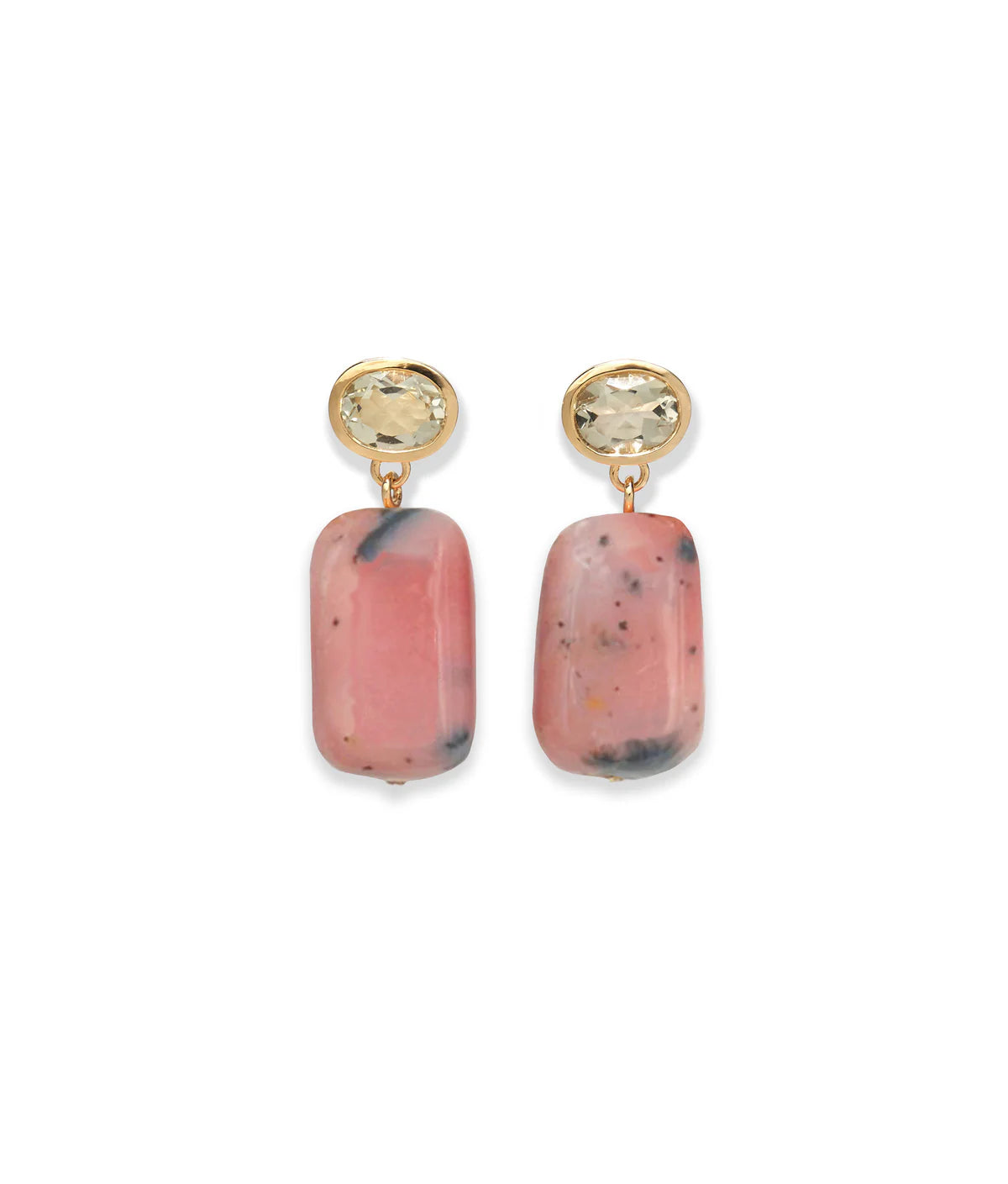 Pair of earrings with pink stone and gold accents on a white background
