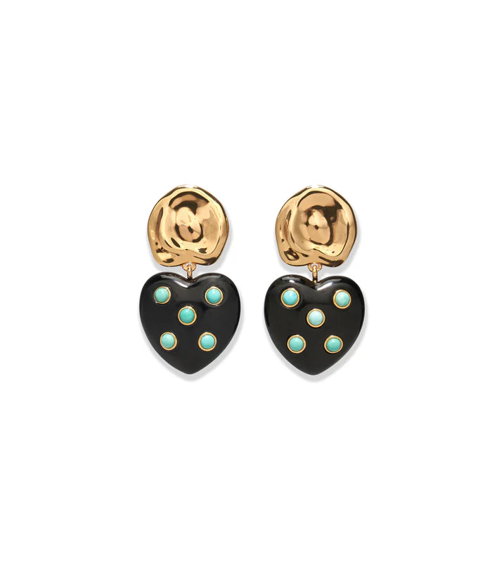 Heart-shaped earrings with gold tops and black hearts featuring turquoise stones on a white background