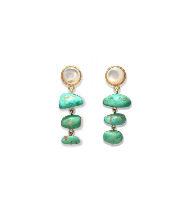 Pair of earrings with turquoise stones and pearl-like tops on a white background