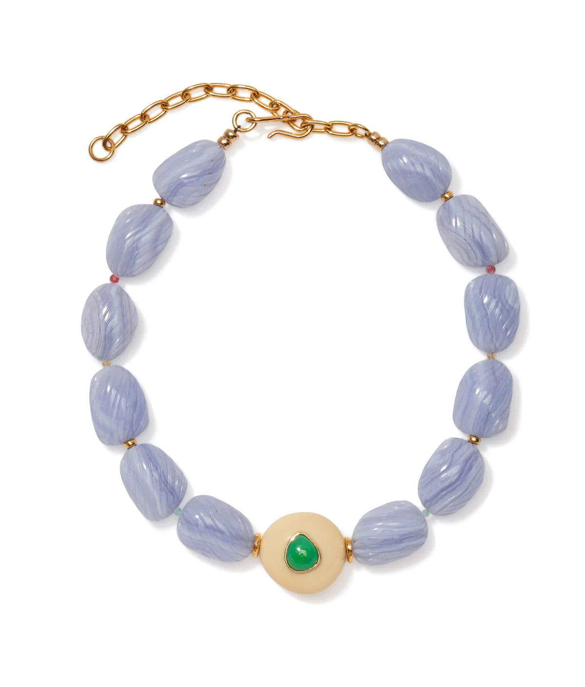 Necklace with blue beads and a gold clasp on a white background