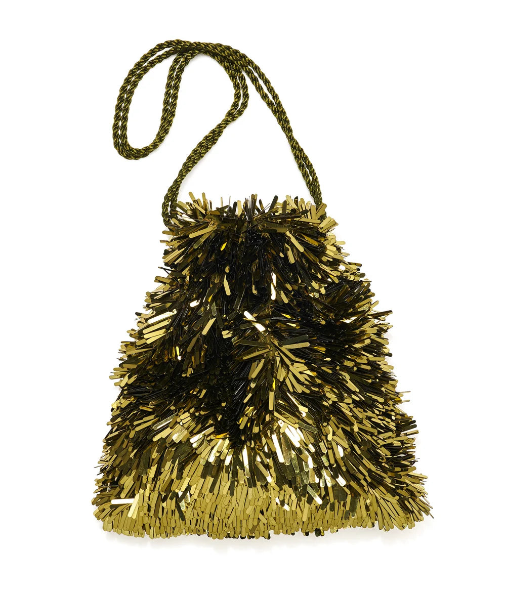 A gold and black metallic tinsel fringe drawstring bag with an olive green braided shoulder strap, shown on a plain white background.