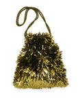 A gold and black metallic tinsel fringe drawstring bag with an olive green braided shoulder strap, shown on a plain white background.