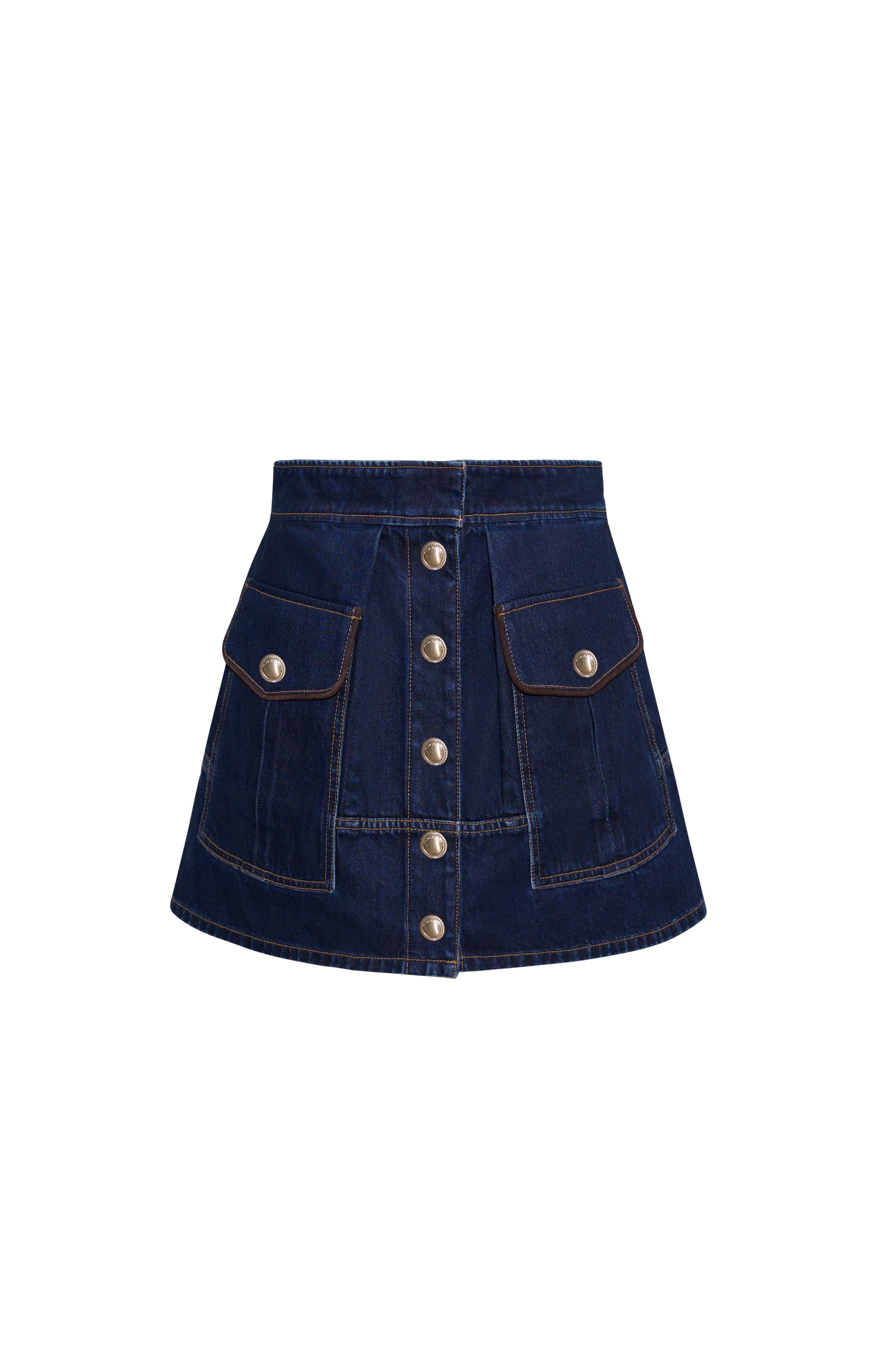Fatima Skirt in Blue Wash Denim front view on white background