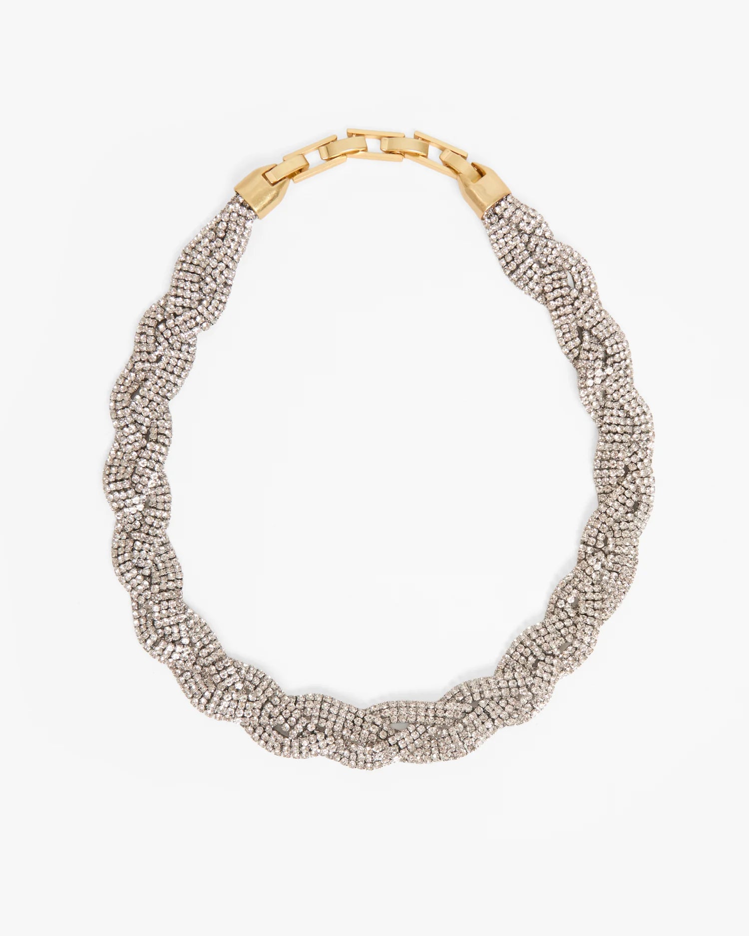 Silver beaded necklace with a gold clasp on a white background