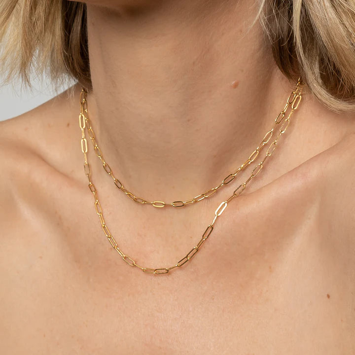 Gold chain necklace on a person's neck with a neutral background