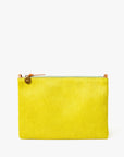 Yellow clutch bag with a gold zipper on a white background