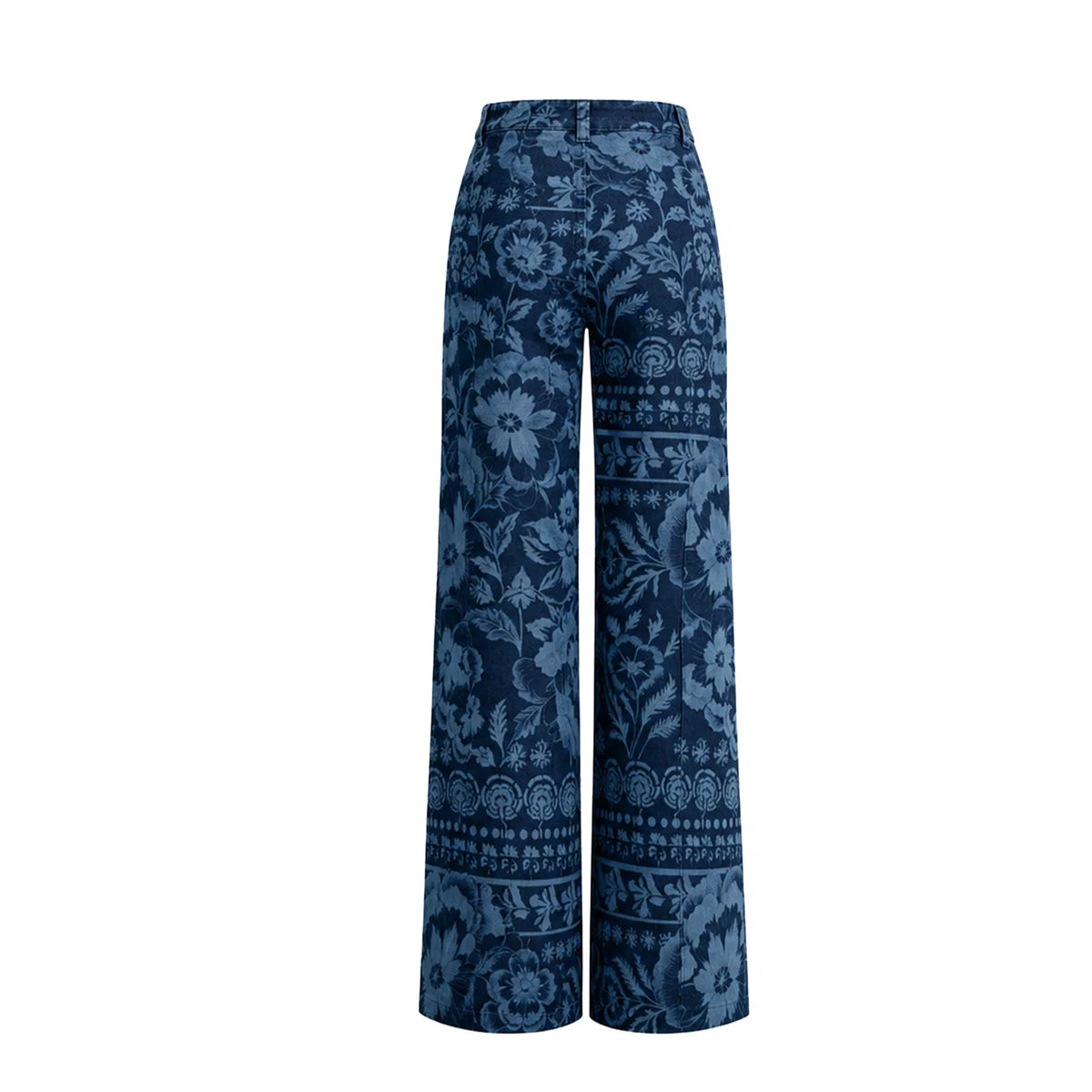 A pair of wide-leg trousers featuring a dark blue and navy floral pattern, shown against a plain white background.