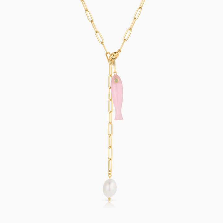 Fortuna Pink Jade Fish Charm on lariat