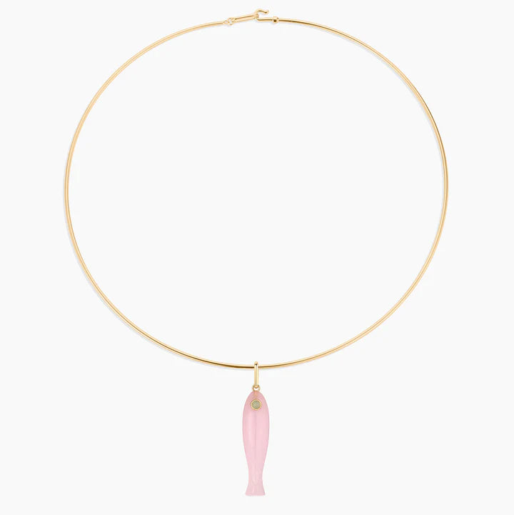 Fortuna Pink Jade Fish Charm on collar