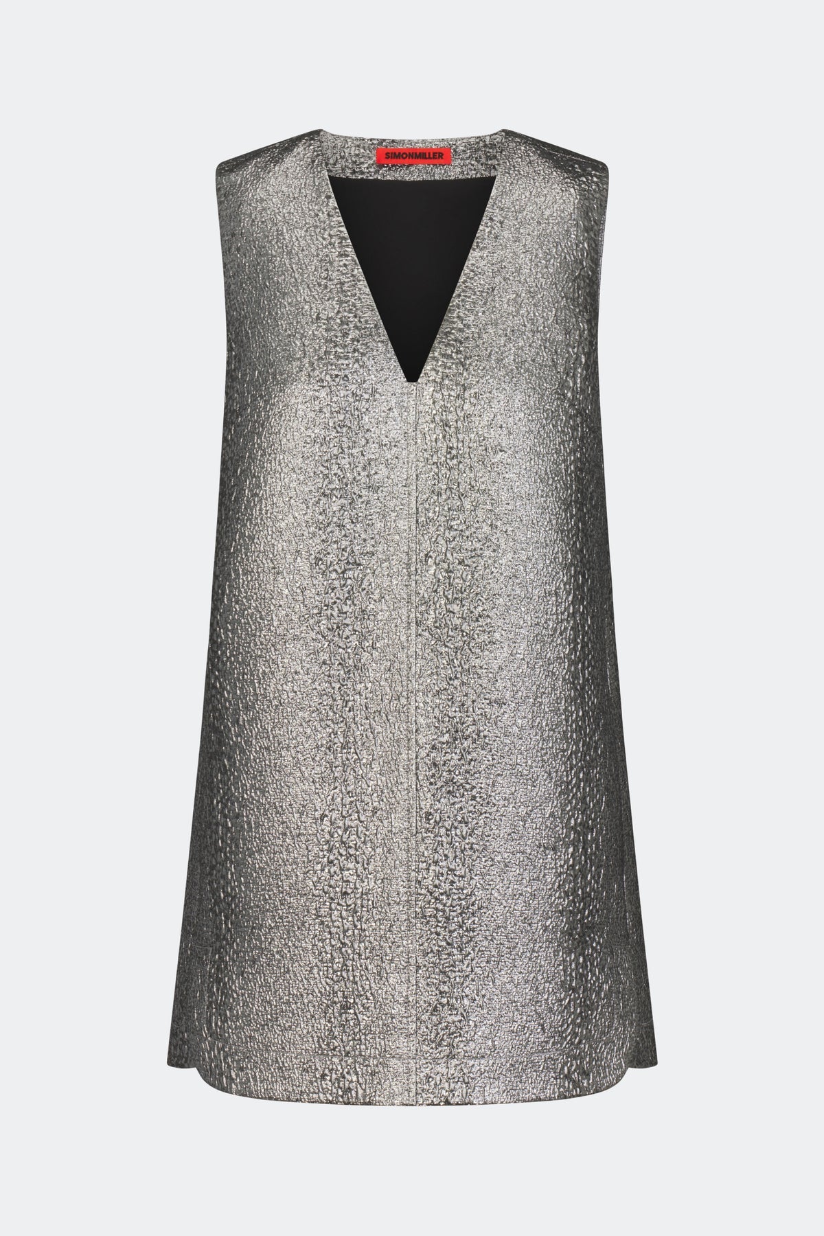 A sleeveless metallic silver vest with a textured, shimmering finish and a black V-neck interior, shown against a light gray background.