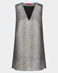 A sleeveless metallic silver vest with a textured, shimmering finish and a black V-neck interior, shown against a light gray background.