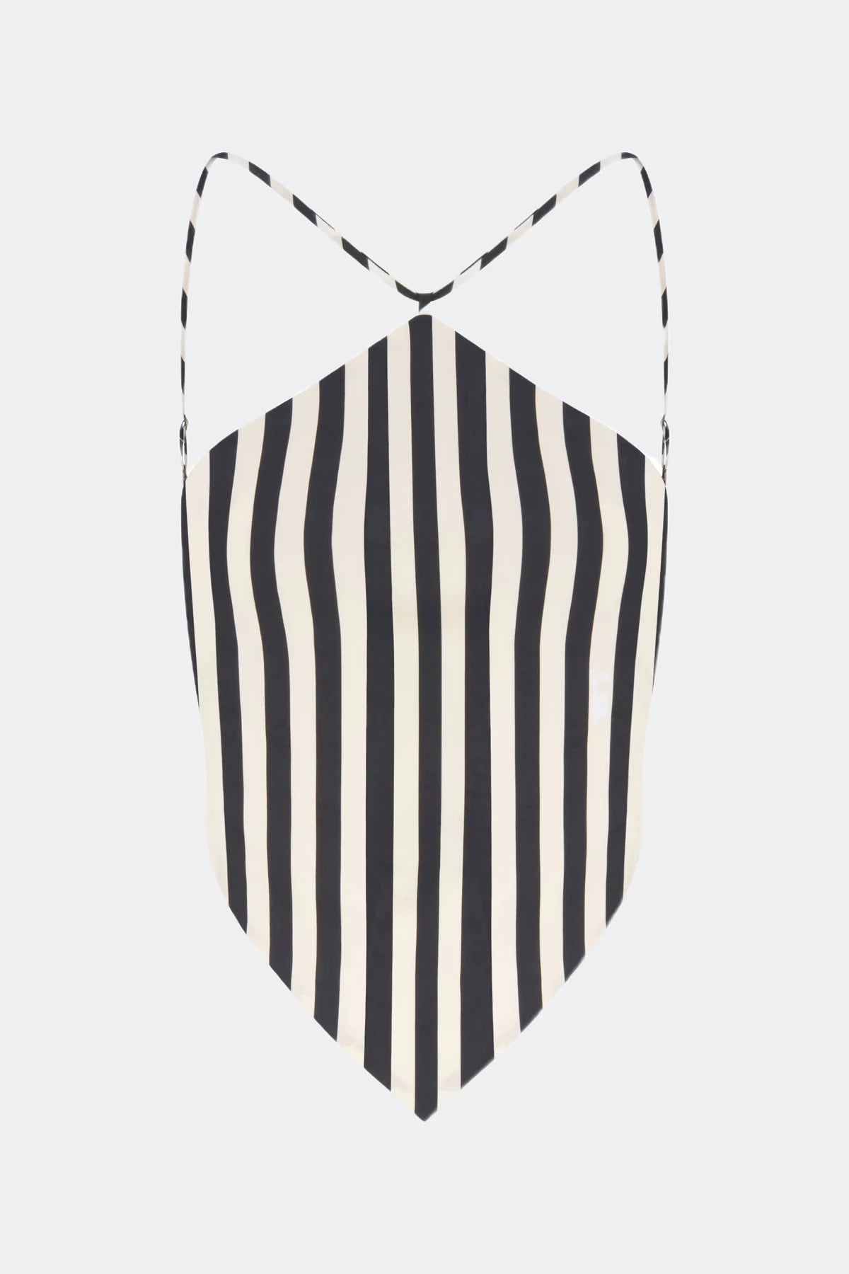 Black and white striped swimsuit on a light gray background
