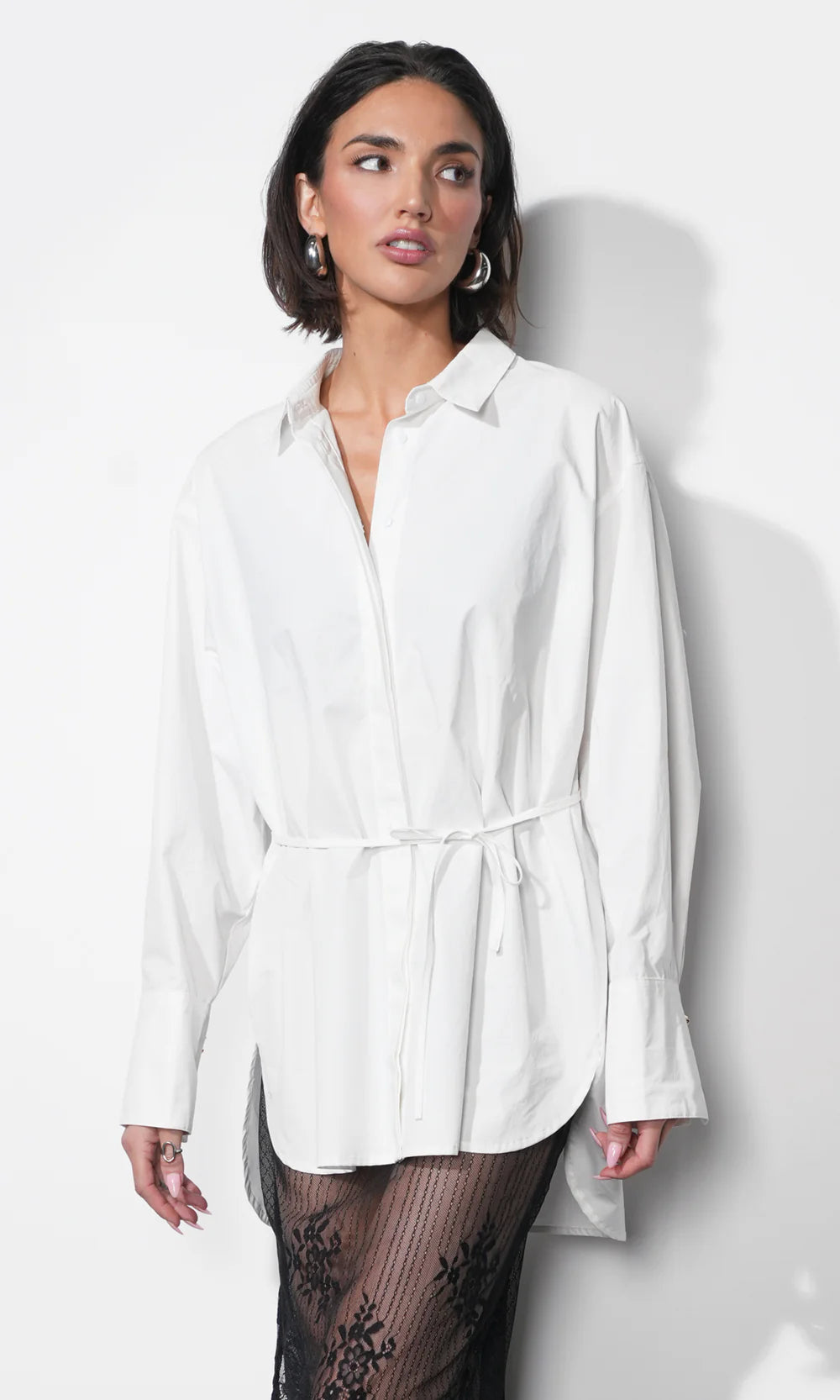 Charolette Oversized Button Up Shirt front view with waist tie