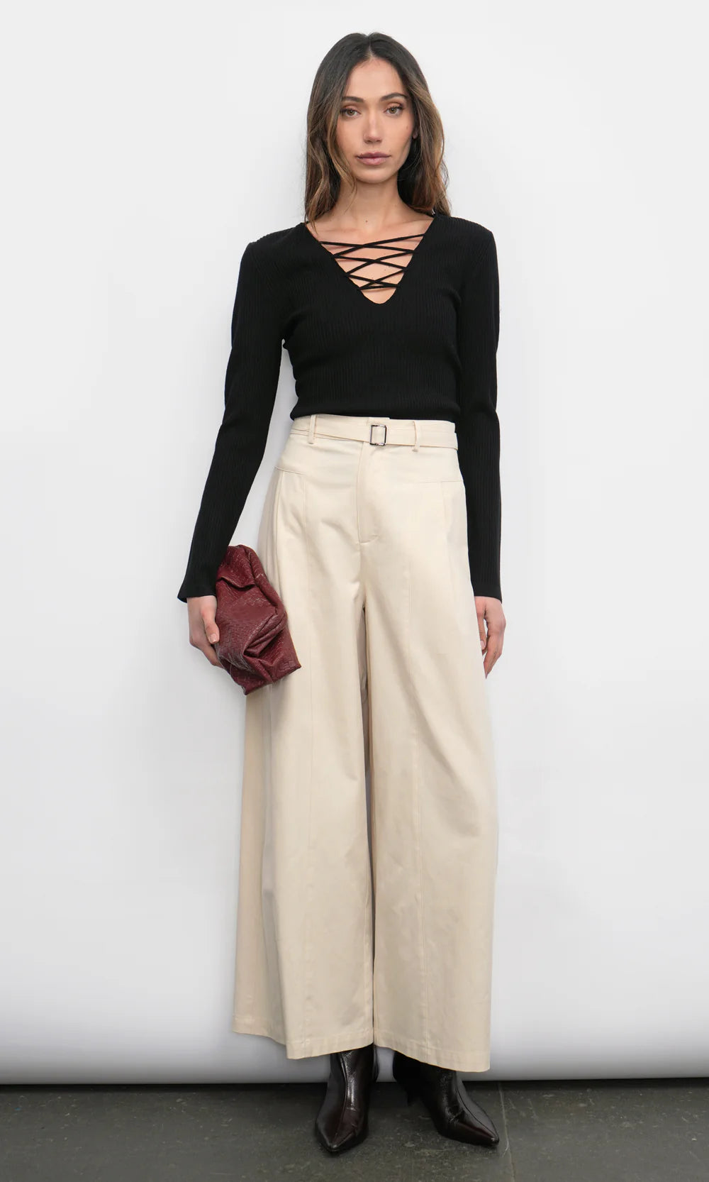 Maxwell Lace Up V-Neck Top full body view