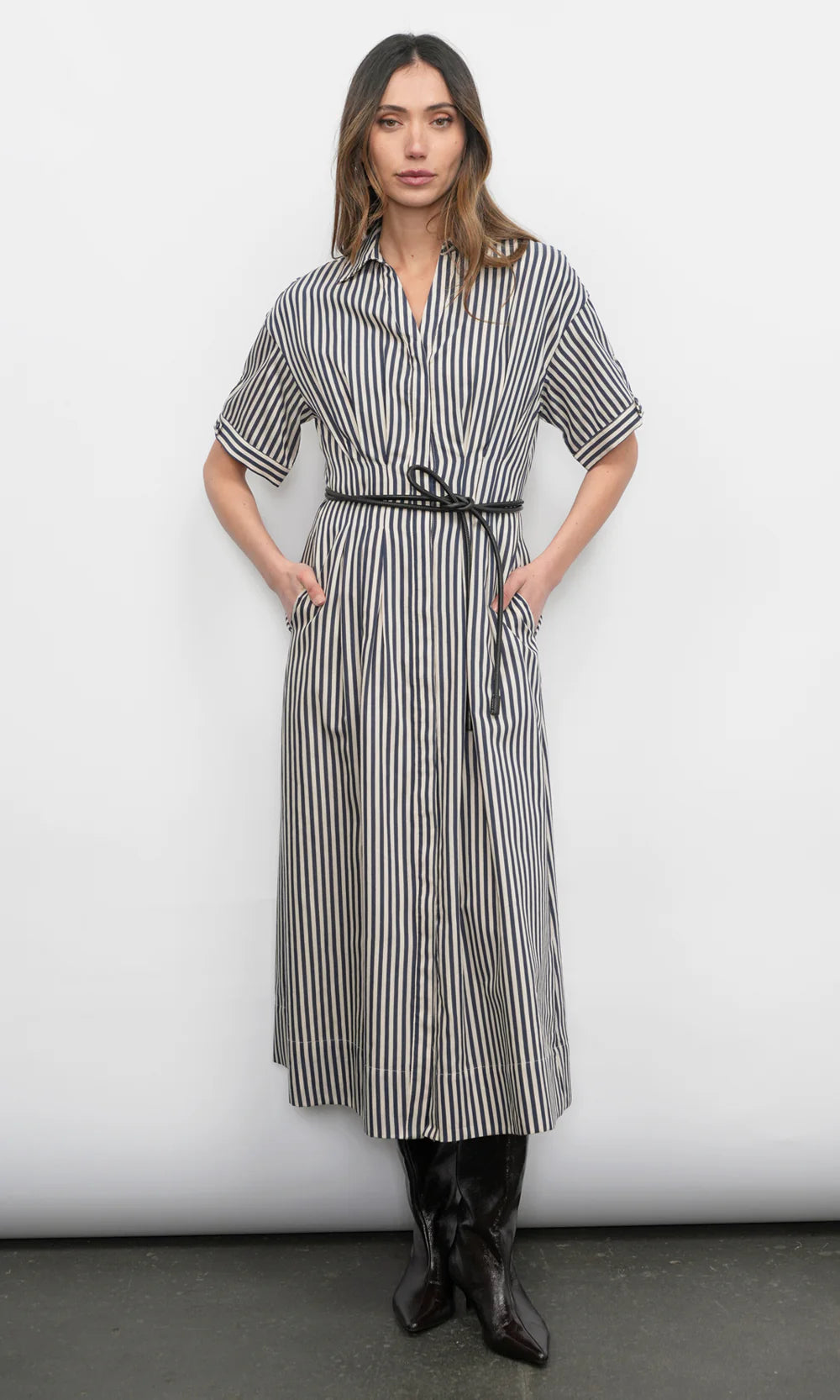 Vanisa Stripe Midi Shirt Dress front view