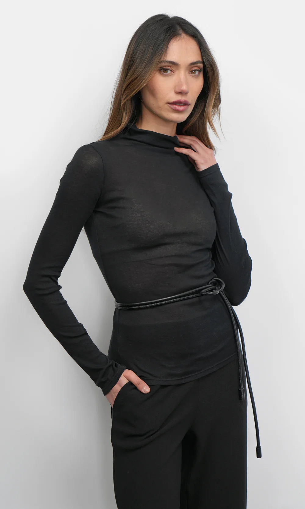 Astra High Neck Long Sleeve Sheer Knit Top front/side with belt