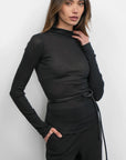 Astra High Neck Long Sleeve Sheer Knit Top front/side with belt