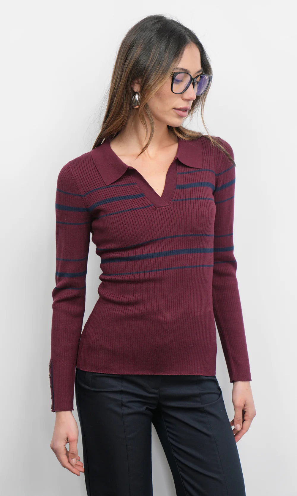 Elena Striped Polo Knit Top front