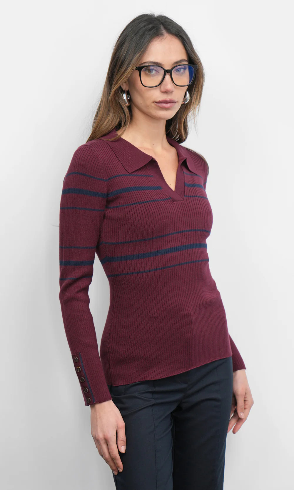 Elena Striped Polo Knit Top side