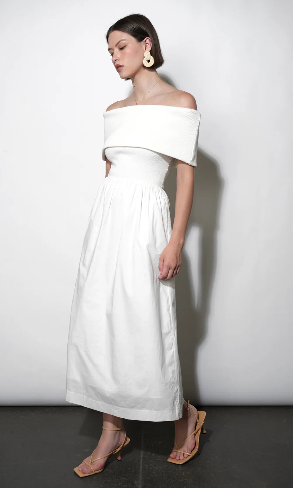 Marjorie Off Shoulder Midi Dress full body side view