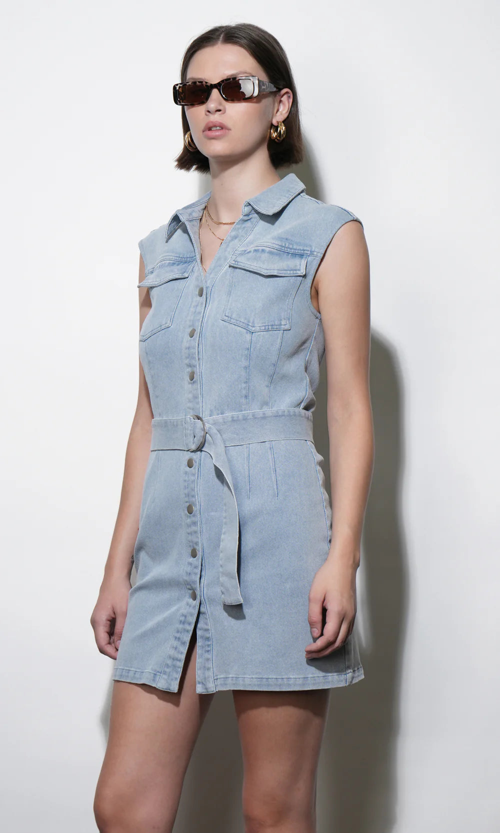Madison Sleeveless Denim Mini Dress side view