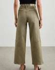Person wearing olive green wide-leg pants on a plain background