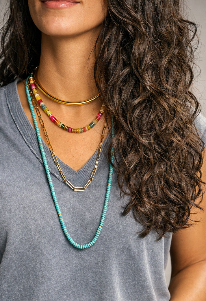 Iris Mixed Stone Beaded Necklace layered with other necklaces