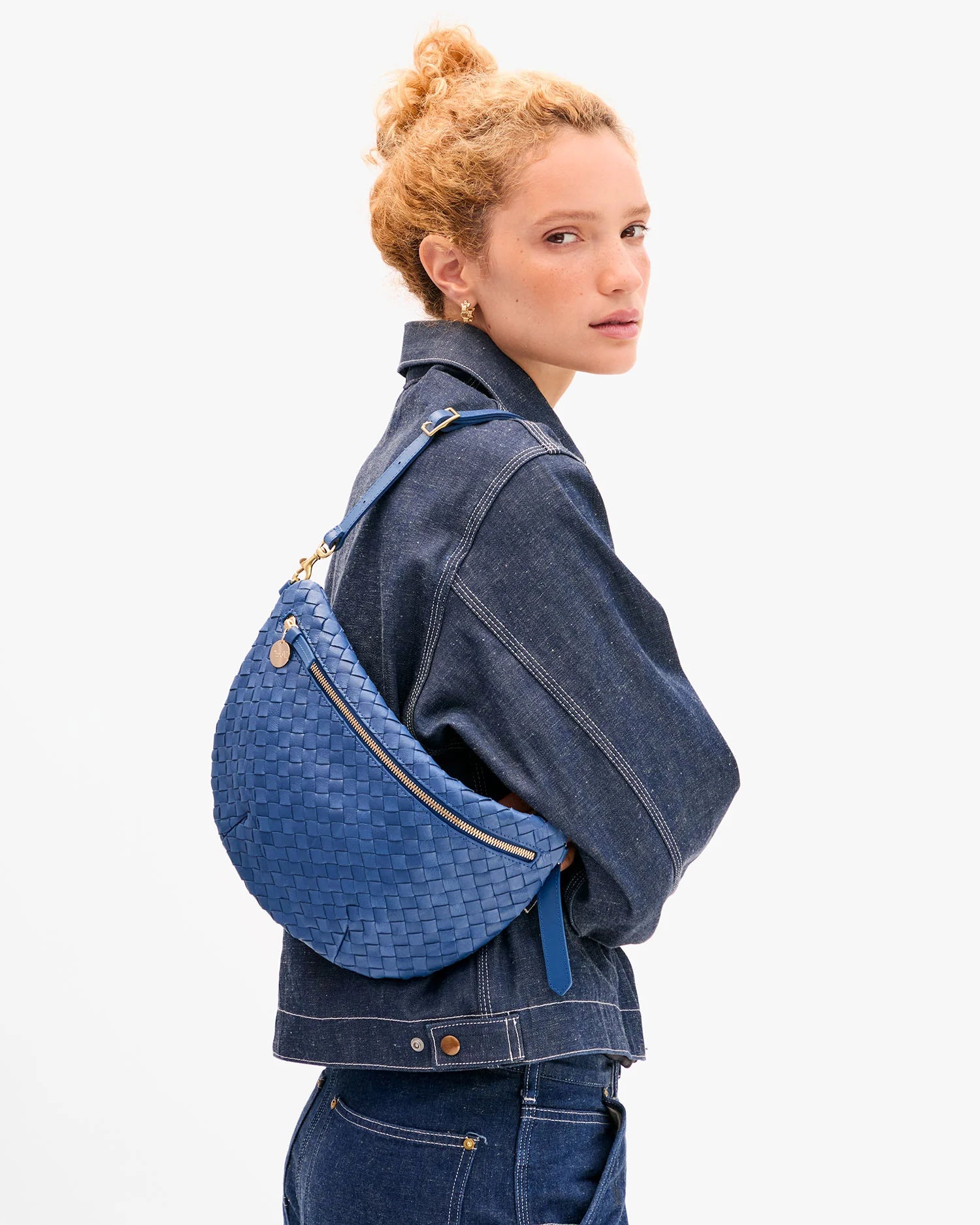Grande Fanny French Blue Diagonal Woven worn on shoulder