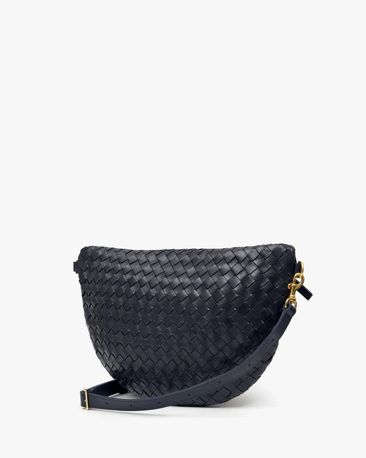 A dark navy woven leather crescent-shaped shoulder bag with a matching strap and gold-tone hardware, shown on a clean white background.