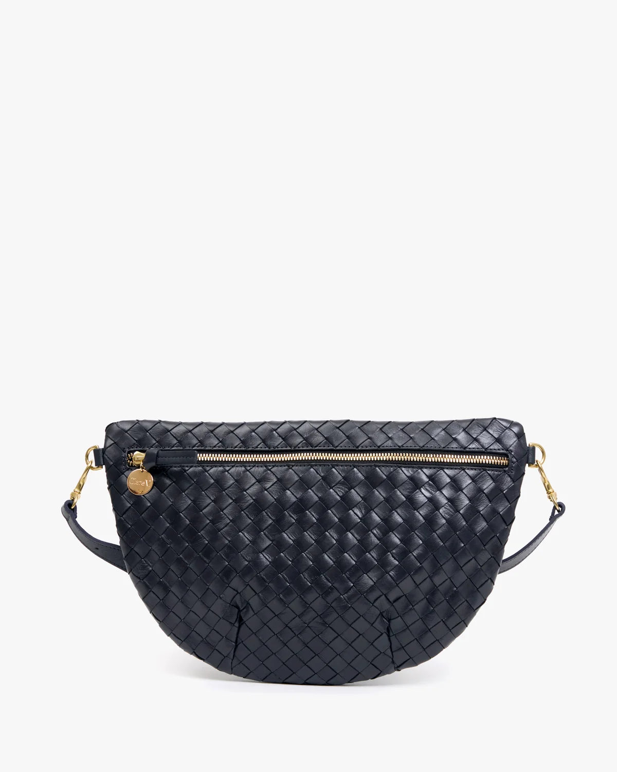 A dark navy blue woven leather half-moon bag with gold-tone hardware and a shoulder strap, shown against a plain light gray background.